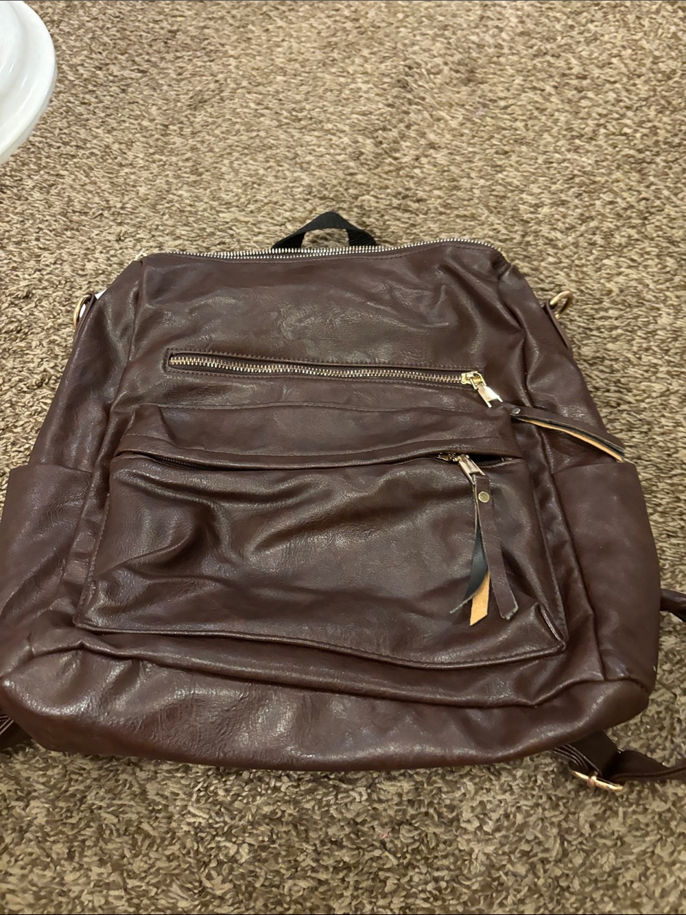 Men's  or women’s Brown Faux Leather Backpack with Front Zip Pockets